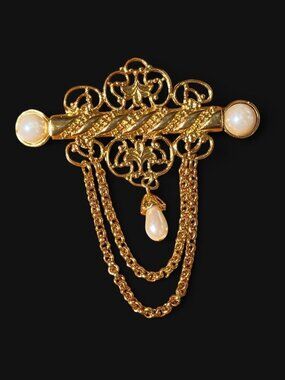 Vintage Signed MJ ENT Gold Faux Pearl Bar Brooch Pin Dangle Chains Victorian EUC
